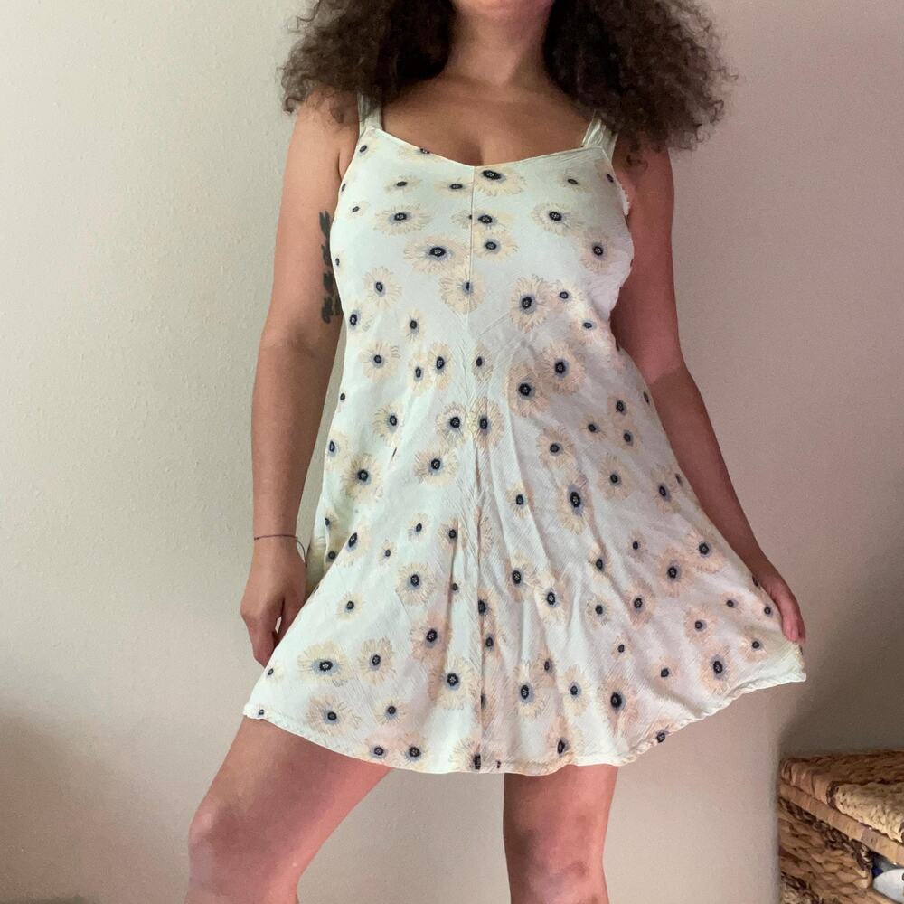 90s vintage pastel green floral sunflower mini dress fairy grunge | size S